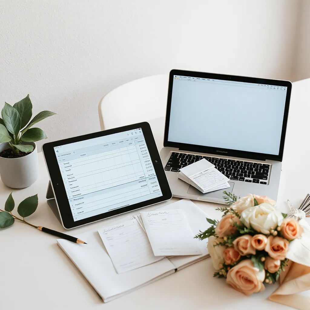 Tablet and receipts on a clean desk with wedding planning notes for tracking expenses