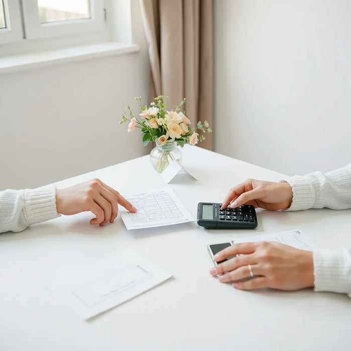 A couple reviewing wedding planning details with a calculator on a tidy table