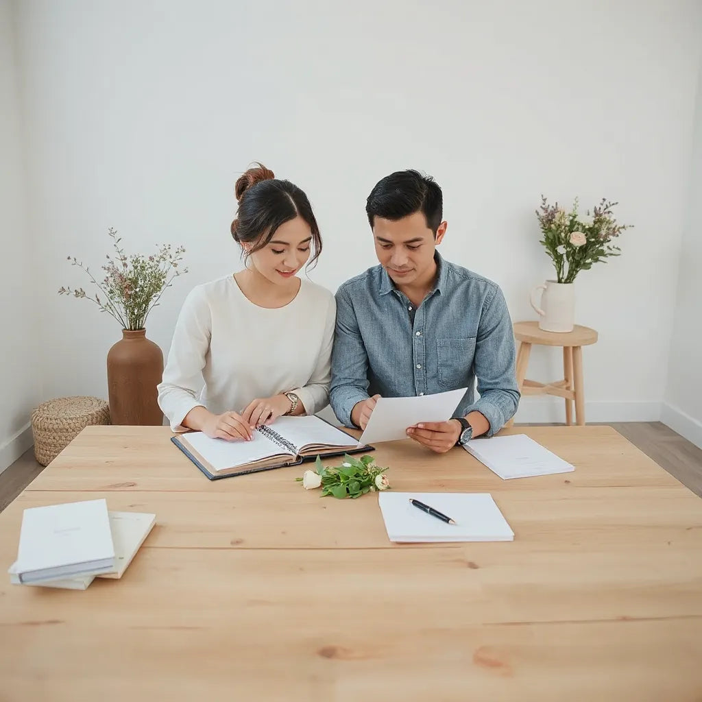 Wedding planner and couple reviewing wedding timeline and stationery at a clean table