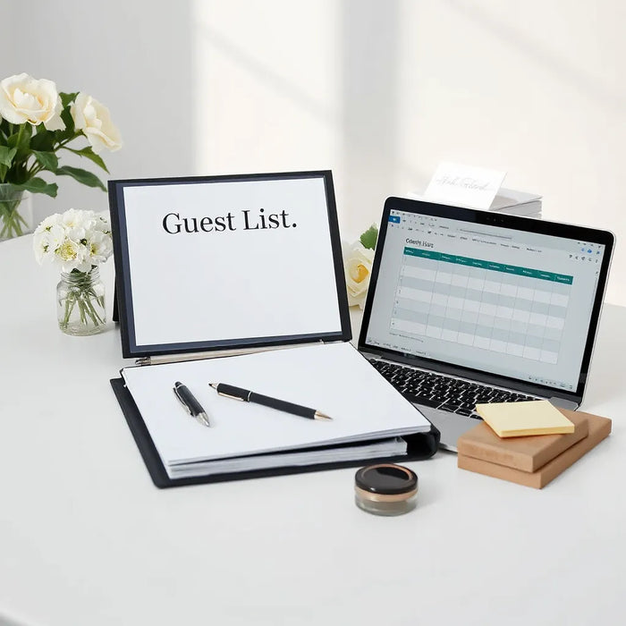 Desk setup with a guest list folder and tools for tracking RSVPs and planning seating