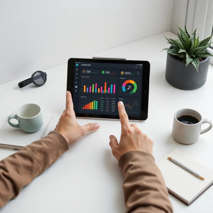 Person viewing an interactive budget dashboard with charts and a budget health gauge on a tablet