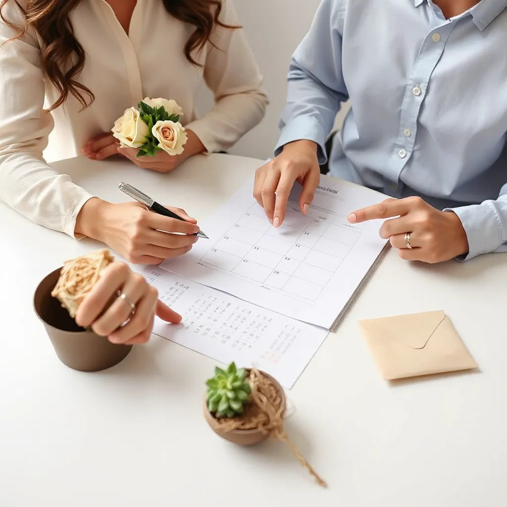 Couple reviewing wedding planning notes at a table with calendar and small bouquet