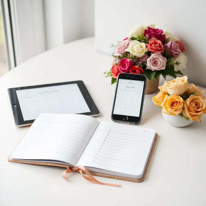 Wedding planner desk setup with smartphone RSVP list and tablet schedule for coordinating bridal party plans.