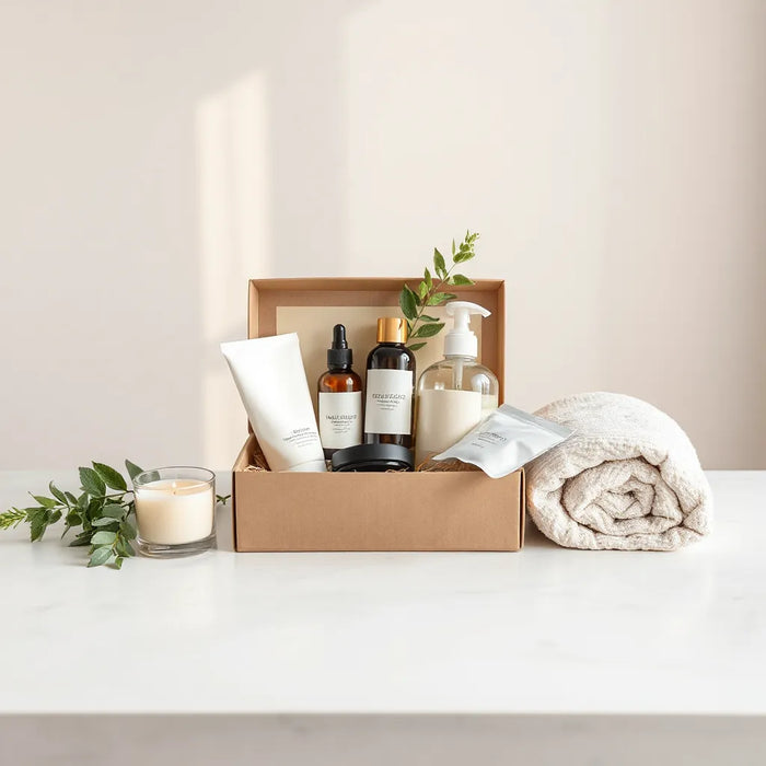 A neatly arranged self-care gift box with skincare items, a candle, and a soft towel on a neutral table.