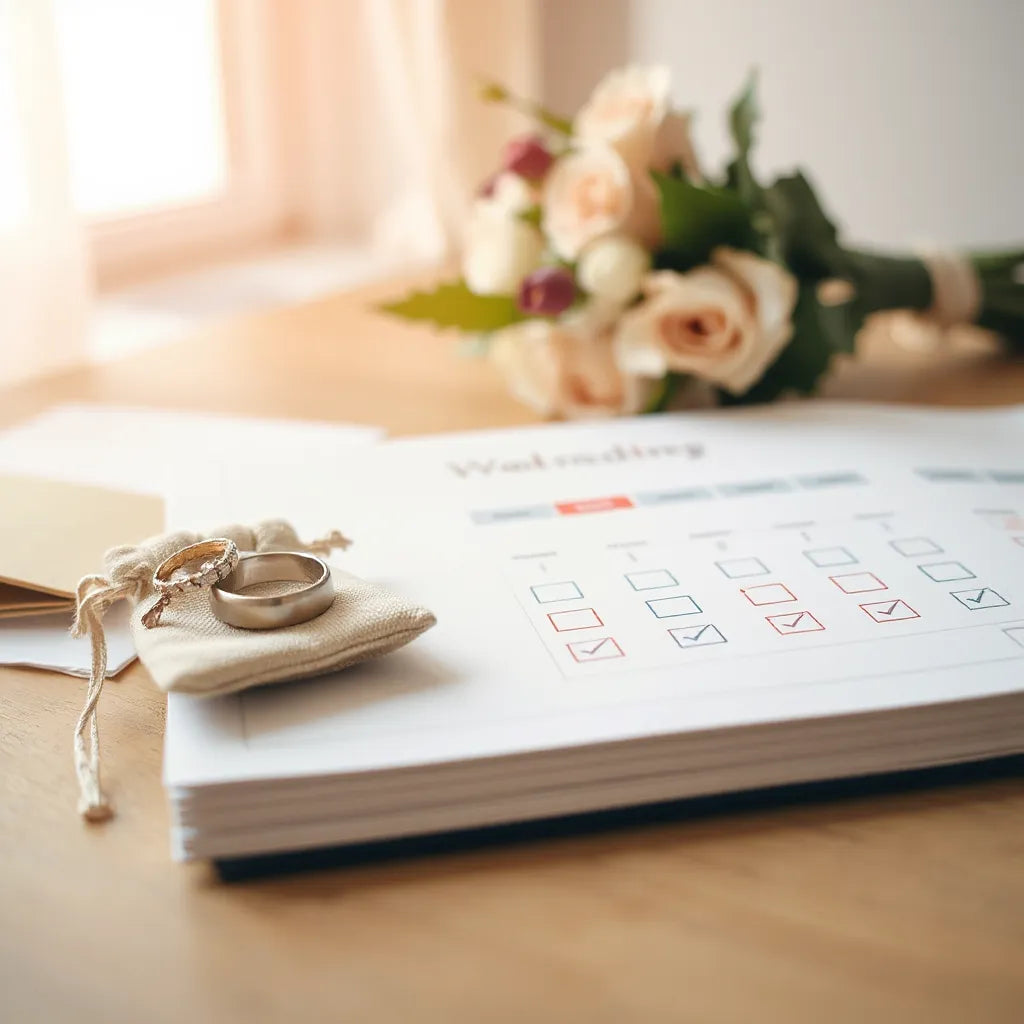 Wedding planner page with a countdown calendar, rings on a pouch, and a softly blurred bouquet