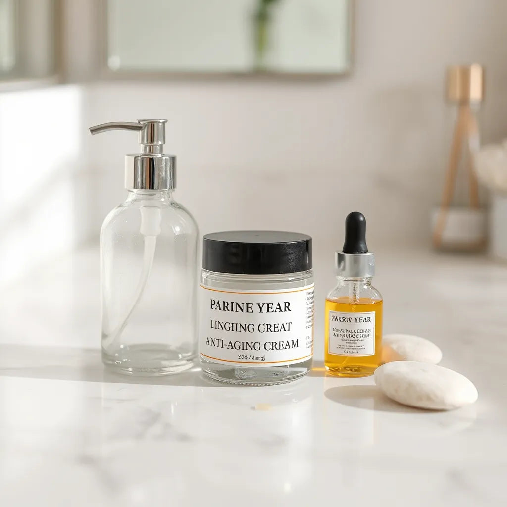 Anti-aging cream jar and pump bottle on a clean vanity with soft natural light