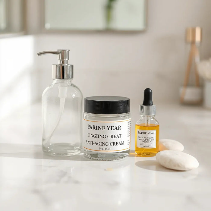 Anti-aging cream jar and pump bottle on a clean vanity with soft natural light