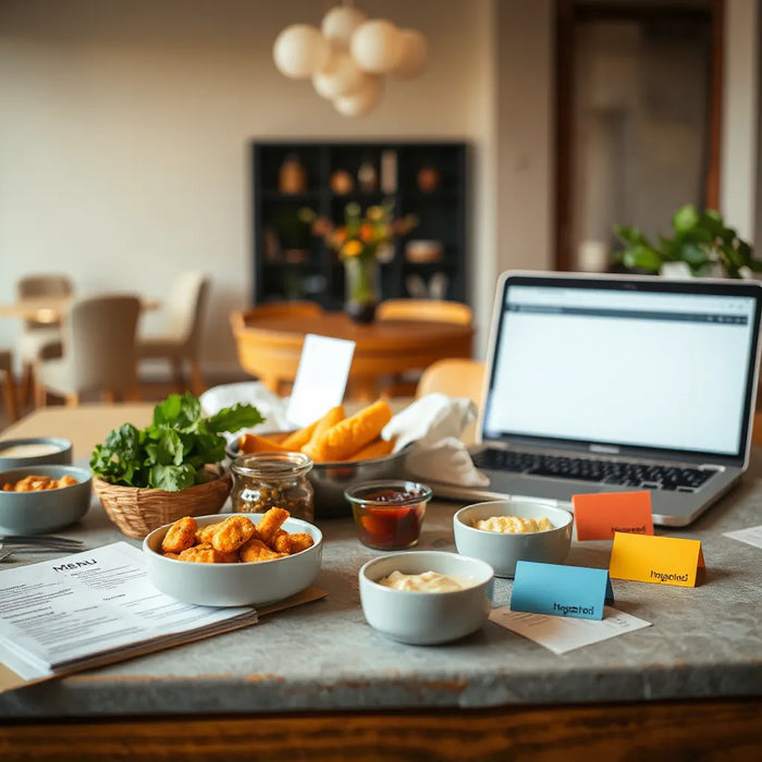 Neatly arranged catering planning table with sample food portions and menu planning materials