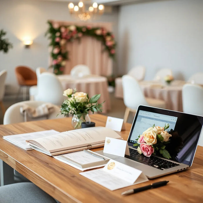Wedding event planner organizing itinerary with binder and stationery at a table