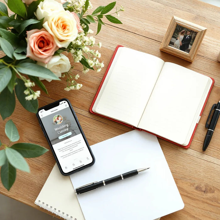 Smartphone and planner on a desk for organizing wedding tasks and timelines