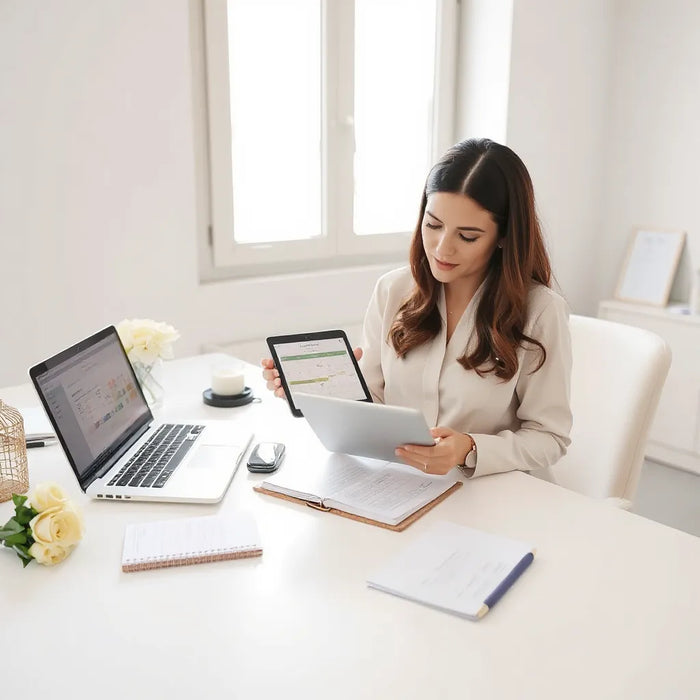 Wedding planner reviewing schedules at a tidy desk with a tablet and soft-lit office background