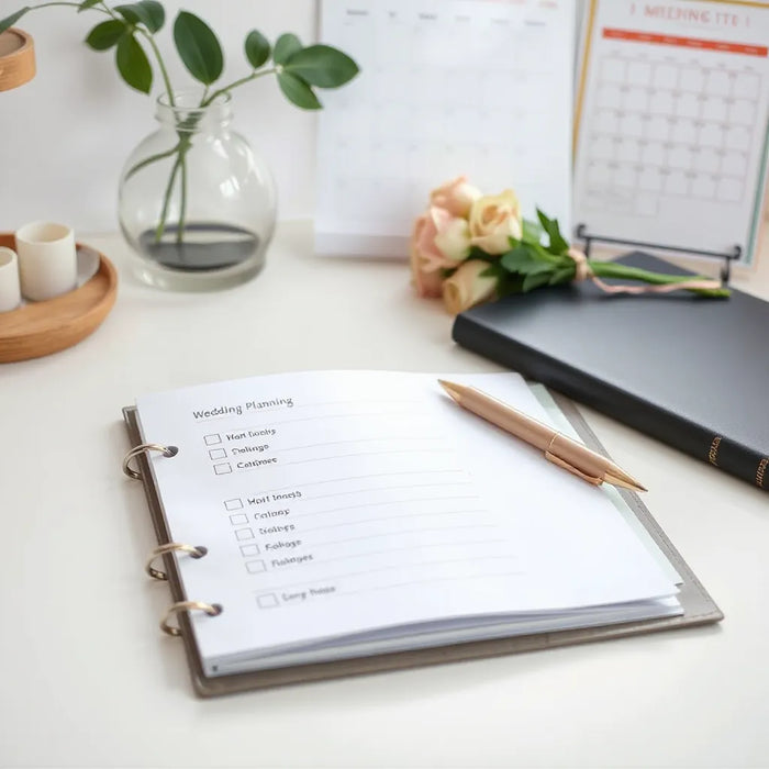 Wedding planning binder open with a minimalist checklist and pen on a clean desk