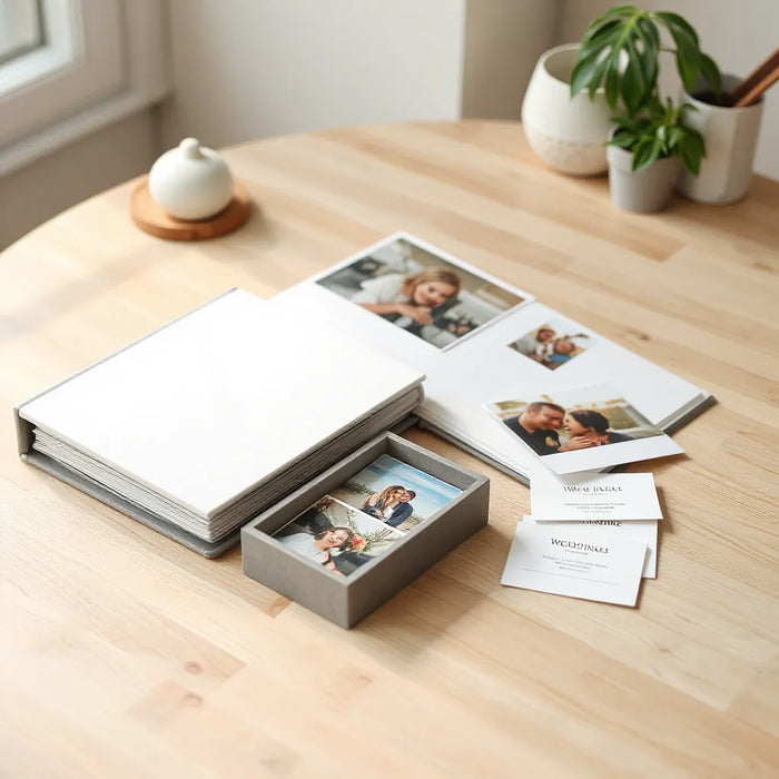 Wedding photo album binder with divider tabs, archival sleeves, and organized keepsake materials on a light table