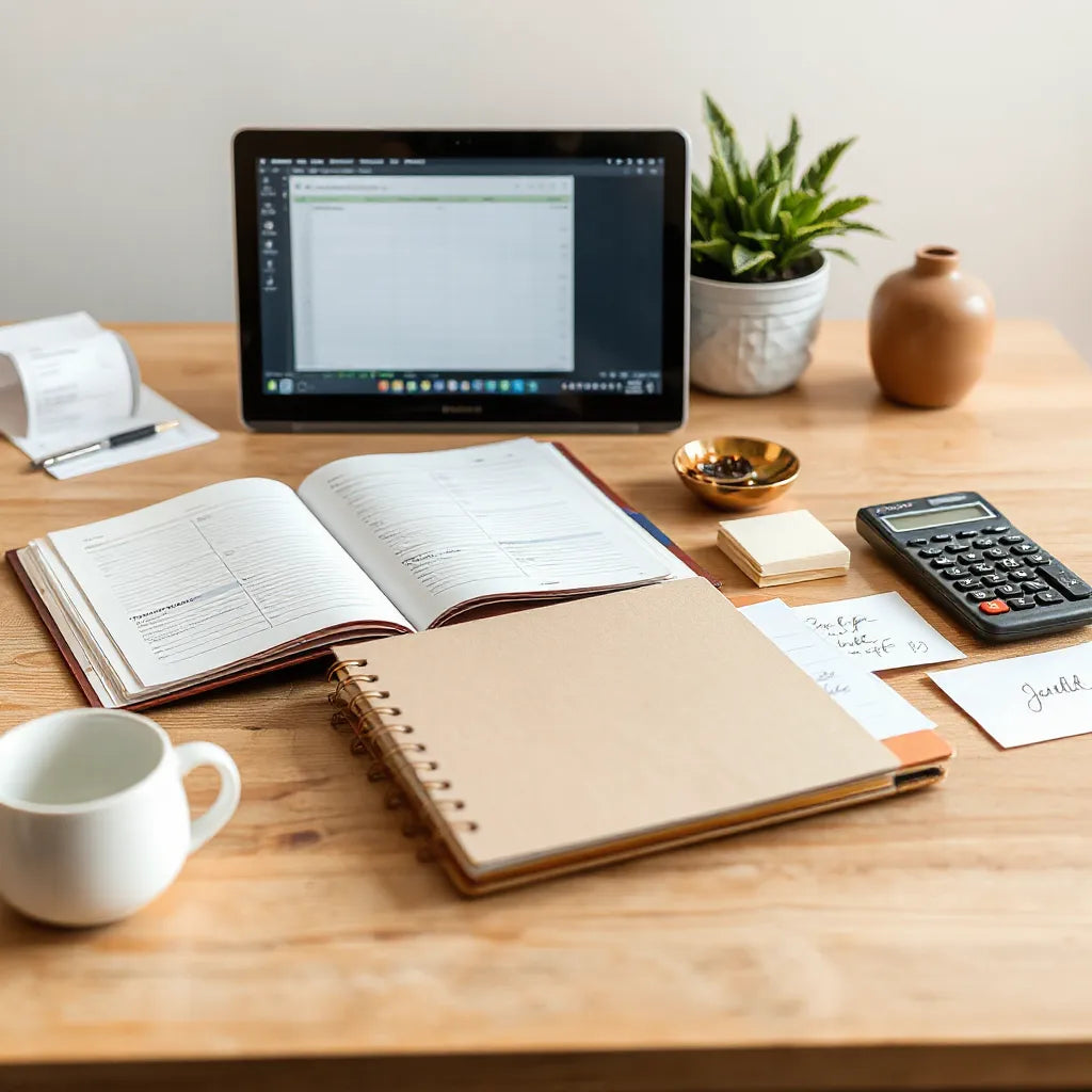 Open wedding budget planner on a desk with receipts and a laptop spreadsheet, warm natural lighting.