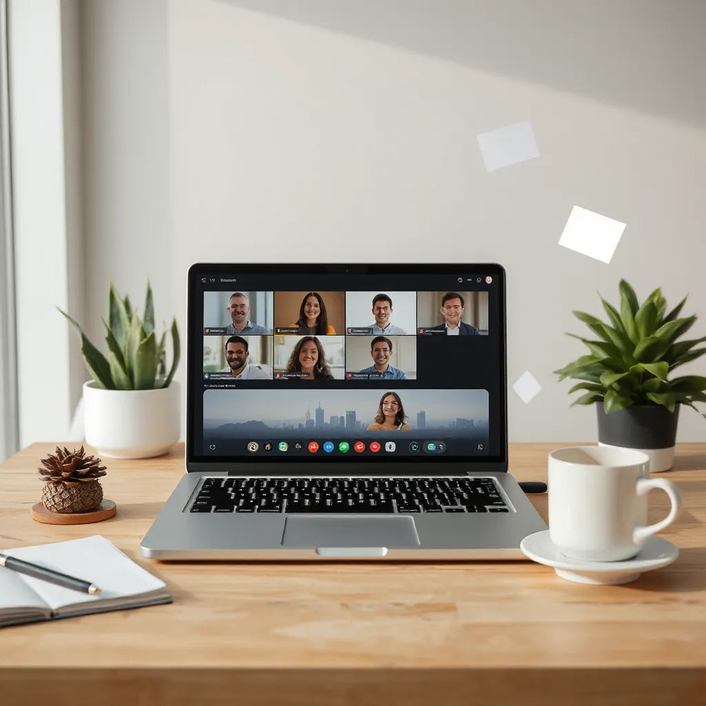 Teams collaborating on a shared project dashboard during a video call from a modern workspace