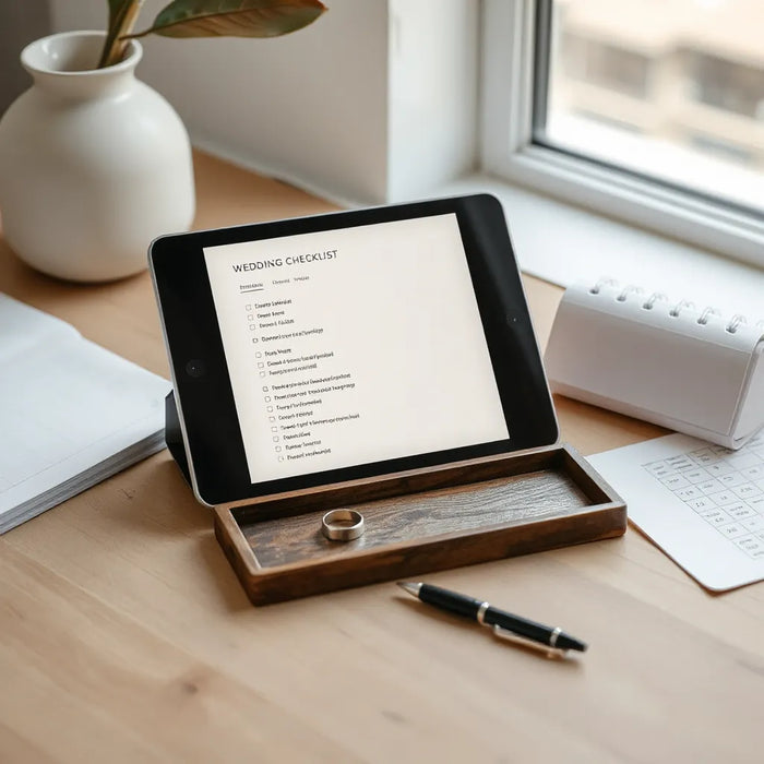 Minimal wedding planning setup with tablet checklist interface, calendar, pen, and engagement ring in soft light