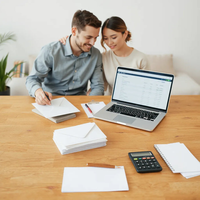 Couple reviewing a wedding budget on a laptop at a dining table with stationery and calculator