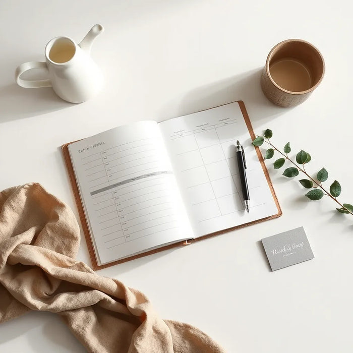 Open wedding planner with a chronological day schedule and pen on a clean tabletop