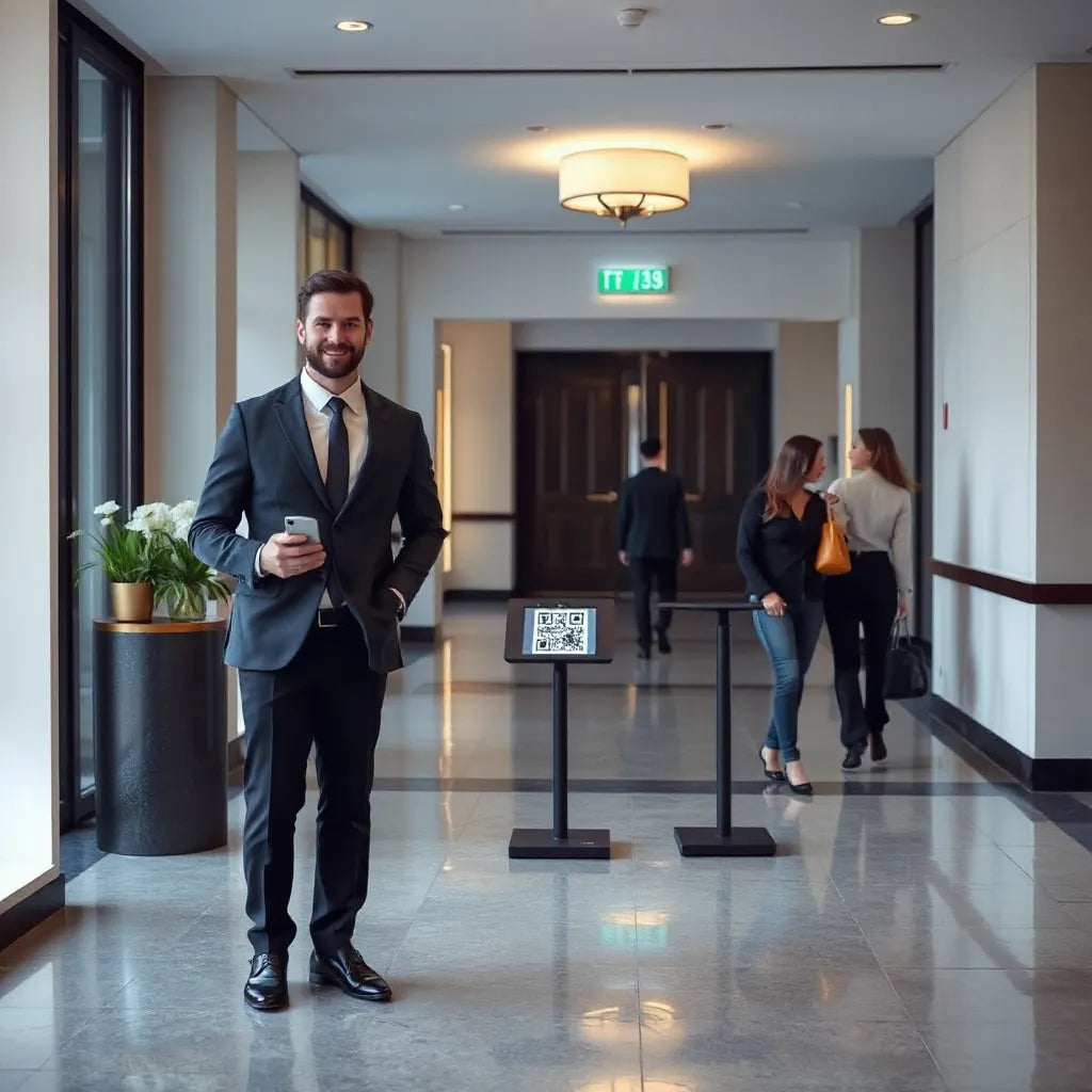 Concierge staff guiding guests at a venue entrance with QR code scanning on a smartphone