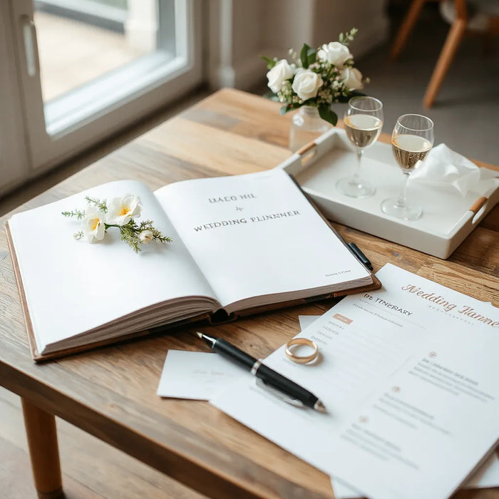 Open wedding itinerary notebook on a table beside rings and a pen for planning the day’s schedule