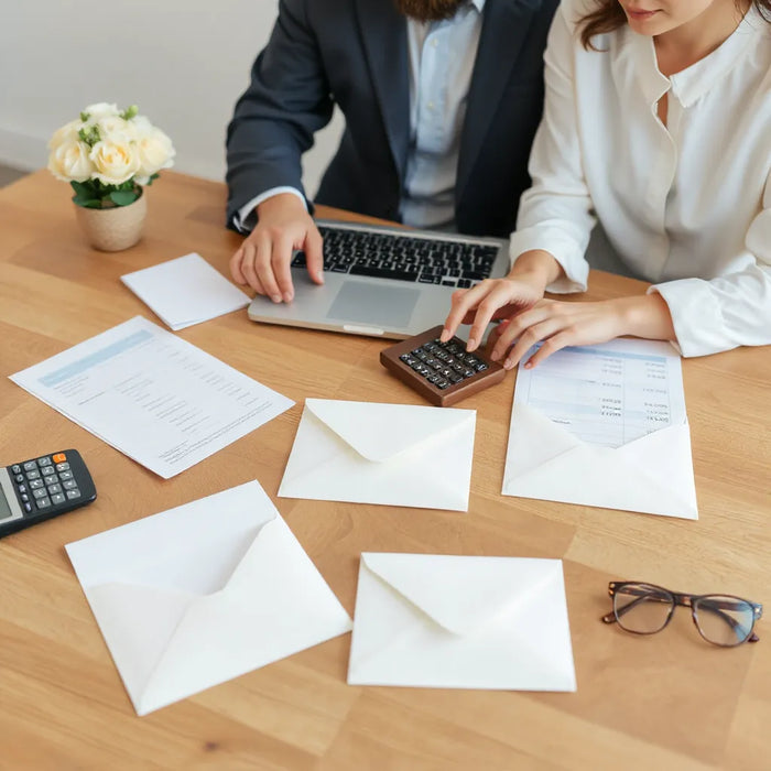 Couple reviewing wedding budget documents with calculator and laptop during calm planning session
