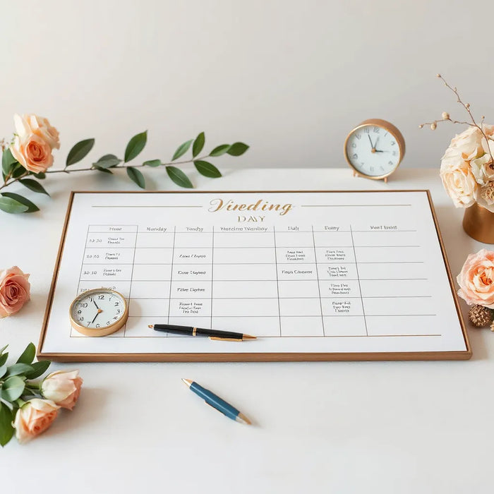 A wedding day schedule board with printed timeline cards, pen, and a small clock on a table