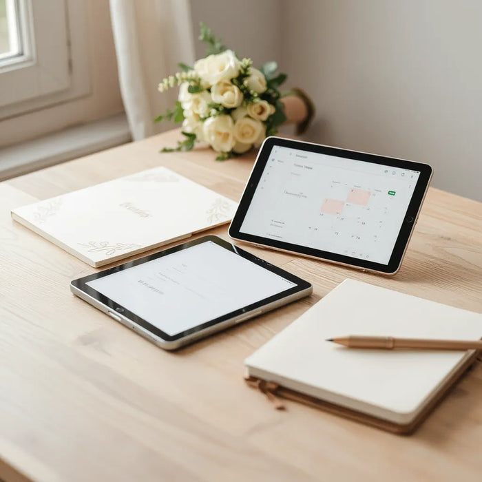 Wedding planning workspace with invitation suite, tablet dashboard, and calendar tools on a wooden table