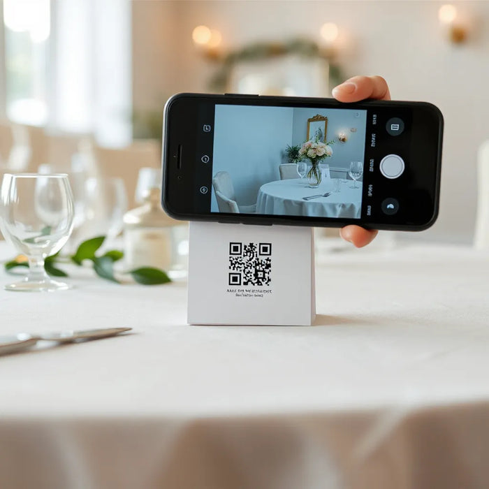 Guest smartphone scanning a QR code card on an event table
