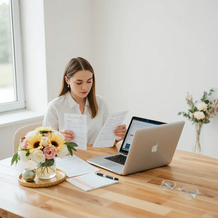 Wedding event planner reviewing a wedding timeline at a tidy table with notes and laptop