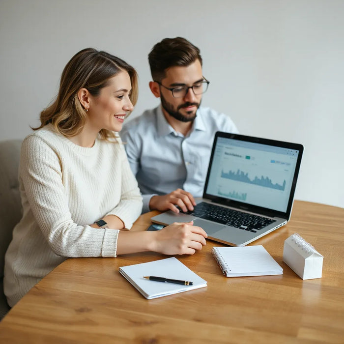 Couple reviewing wedding expense notes and a simple budget dashboard on a laptop