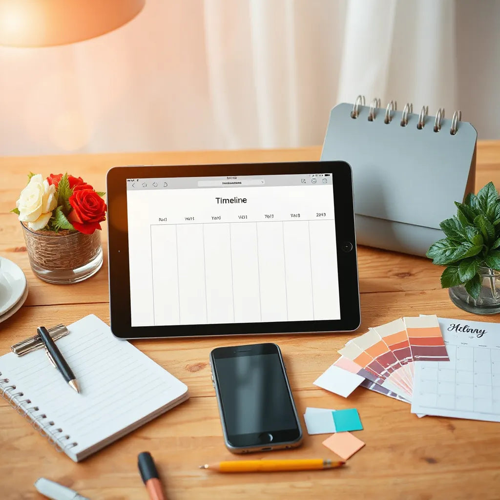 Event planner desk with calendar, checklist notes, tablet timeline, and decor samples in warm light