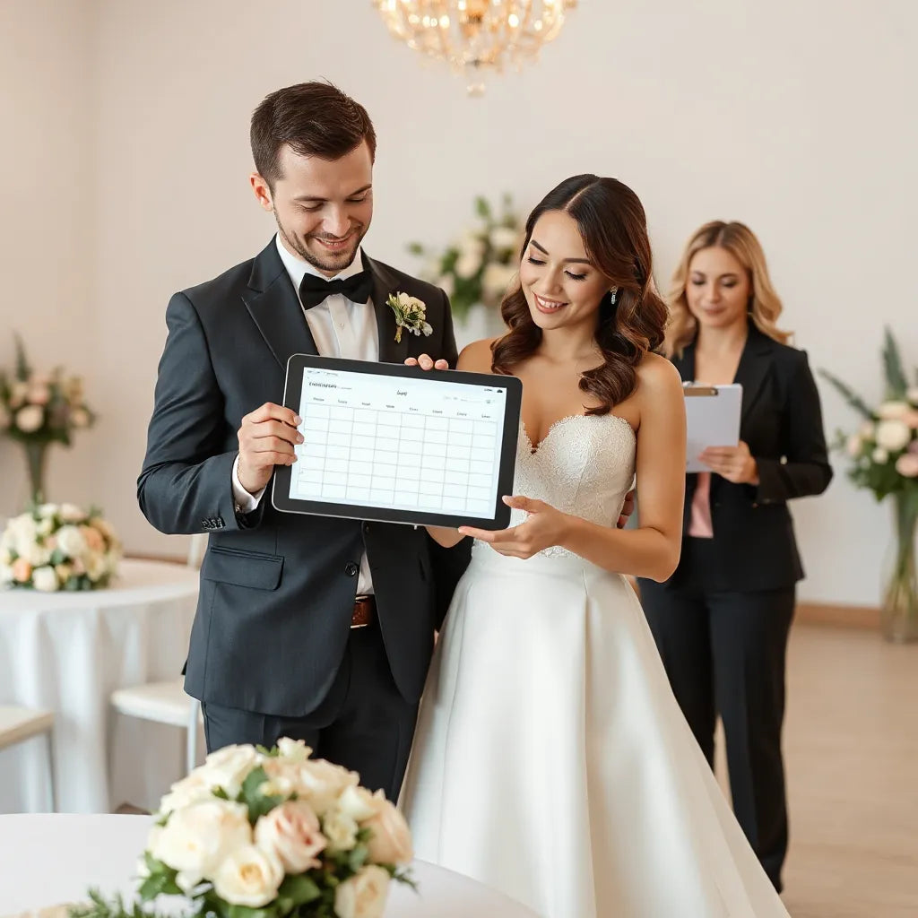 Bride and groom reviewing a tablet schedule with a wedding coordinator in an elegant venue