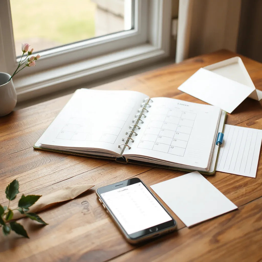 Open planner calendar and wedding planning tools on a wooden table with soft natural light