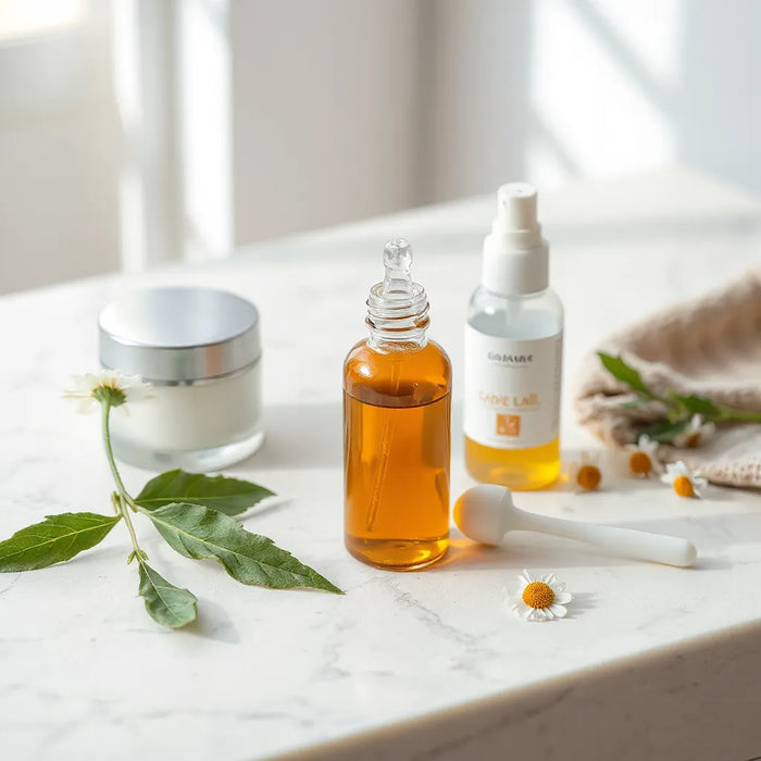 Natural skincare bottles and cream jar with fresh leaves on a white marble countertop
