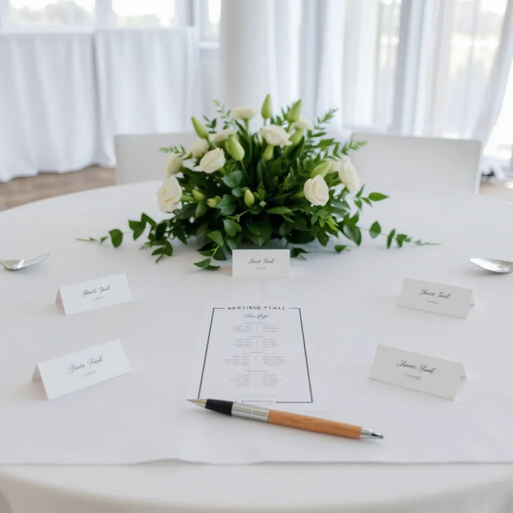 Reception hall layout with place cards and a seating plan map on a planning table