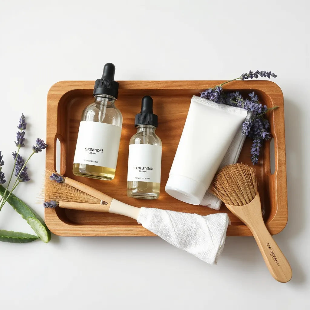 Organic skincare bottles, cream jar, sunscreen tube, and soft cloth on a wooden tray with fresh botanicals