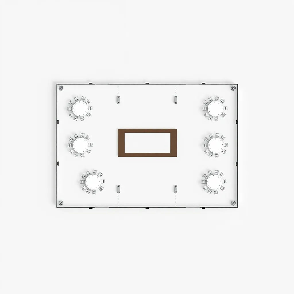 Top-down 2D floor plan with reception tables, walkways, stage area, and buffet zone.