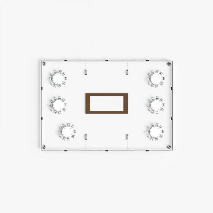 Top-down 2D floor plan with reception tables, walkways, stage area, and buffet zone.