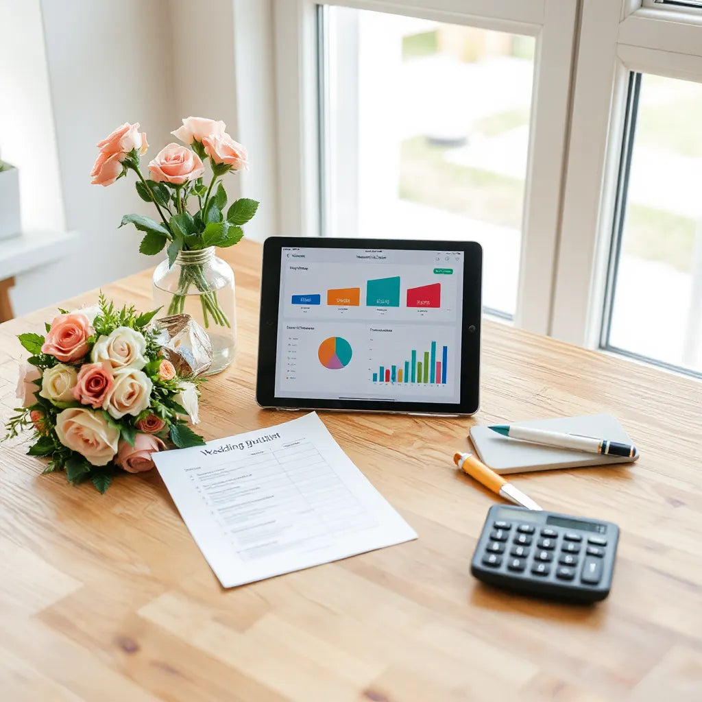 Tablet with wedding budget charts, printed checklist, calculator, and bouquet on a wooden table