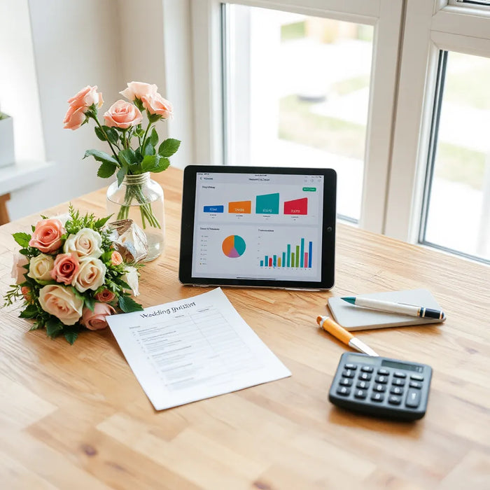 Tablet with wedding budget charts, printed checklist, calculator, and bouquet on a wooden table