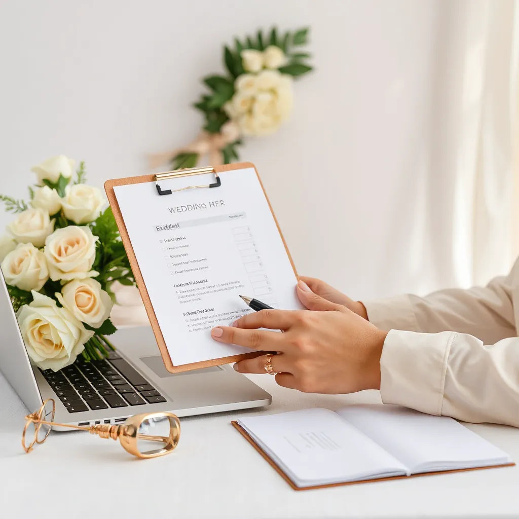 Wedding planner reviewing a budget sheet with a clipboard and pen beside elegant wedding decor