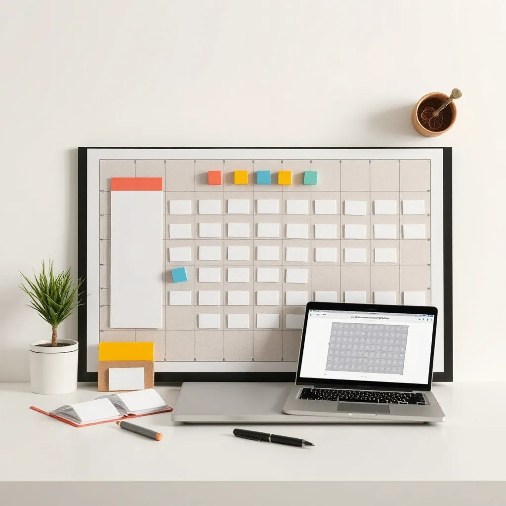 Event planner desk with a seating layout board and color-coded table blocks