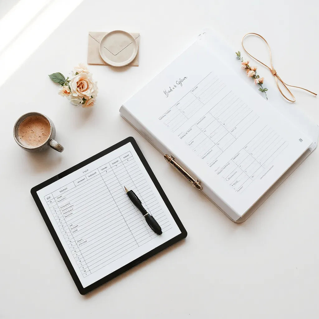 Neat wedding gift tracking planner with envelopes and a tablet checklist on a tidy desk