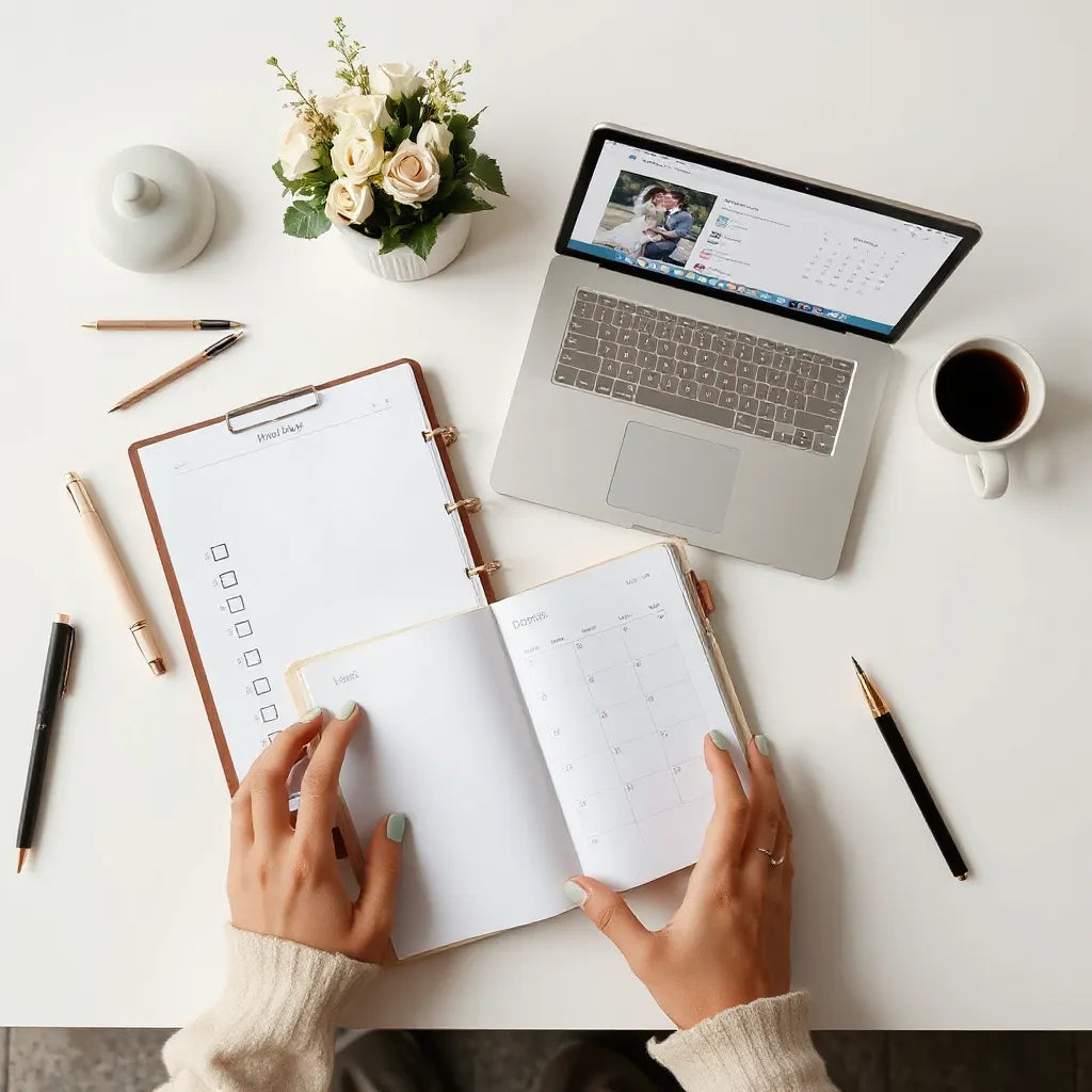 Couple planning their wedding schedule with a notebook, calendar, and tablet at a clean desk