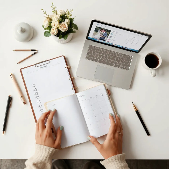 Couple planning their wedding schedule with a notebook, calendar, and tablet at a clean desk