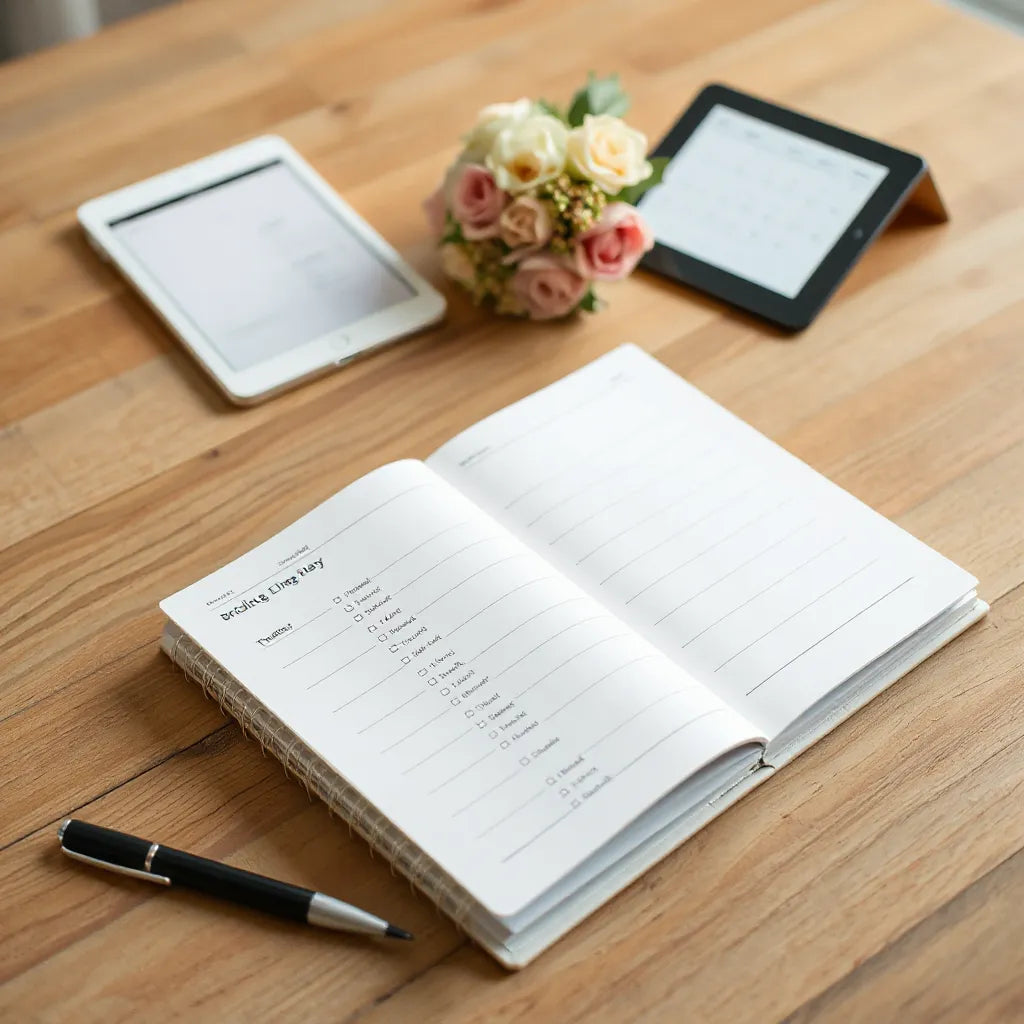 Open wedding day planner notebook with schedule checkboxes and calendar-style blocks on a wooden table