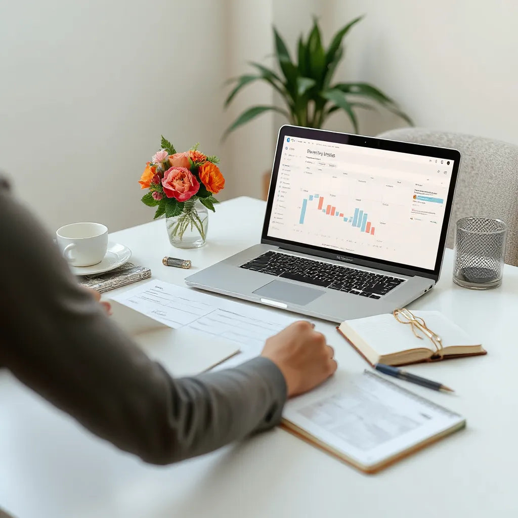 Event planner organizing schedules and vendor cards on a tidy desk with a laptop and notes