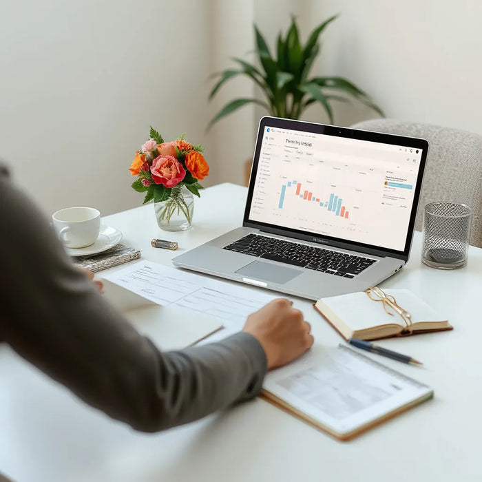 Event planner organizing schedules and vendor cards on a tidy desk with a laptop and notes