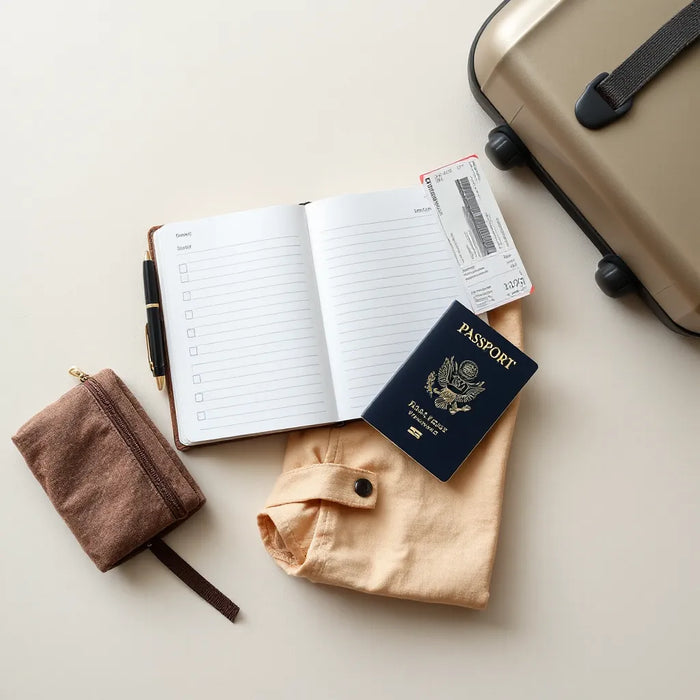 Flat lay of a packing notebook, pen, and travel items arranged beside a suitcase