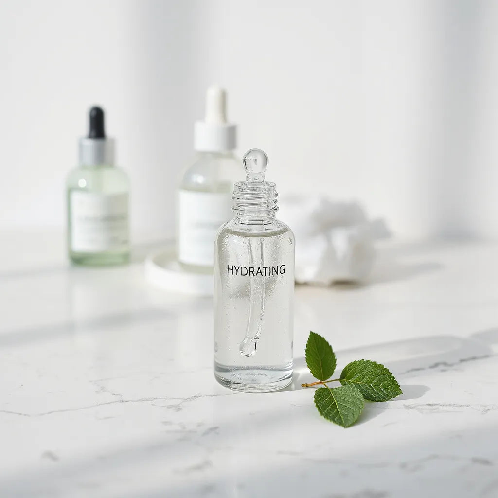 Hydrating face serum bottle with dropper on white marble, with soft-focus skincare items nearby